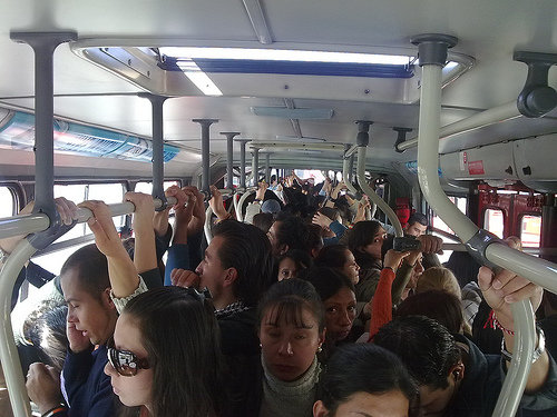 Bogota bus system - a Transmilenio bus at rush hour